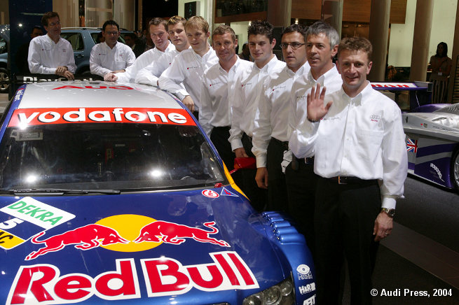 The Audi DTM squad for 2005 (from left): Ralf Jüttner, Hans-Jürgen Abt, Frank Stippler, Martin Tomczyk, Mattias Ekström, Tom Kristensen, Pierre Kaffer, Christian Abt, Rinaldo Capello and Allan McNish
