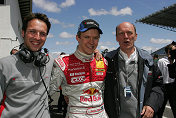 Race engineer Alex Stehlig, Mattias Ekström and Head of Audi Motorsport Dr Wolfgang Ullrich celebrate the pole position