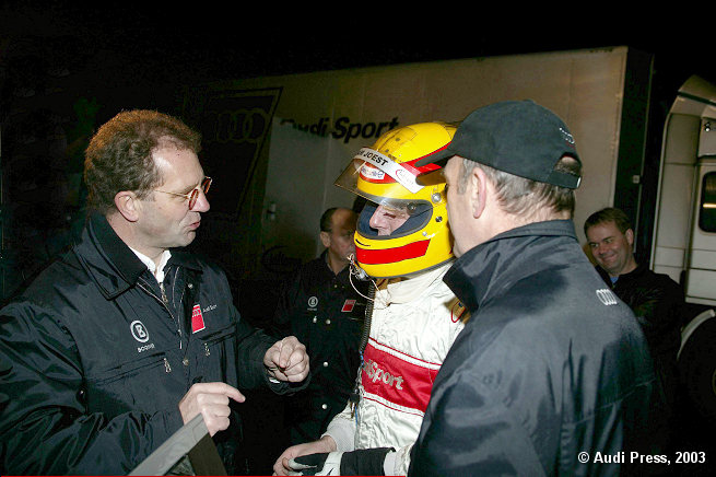 Wolfgang Appel (Director of Vehicle Engineering at Audi Sport), Frank Biela and Head of Audi Sport Dr Wolfgang Ullrich (from left to right)