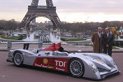 Prof Dr Martin Winterkorn, Chairman of the Board, Dr Wolfgang Ullrich Head of Audi Motorsport and  the beautiful R10 at the presentation in Paris