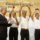 Winners' party at Audi in Ingolstadt: Dr Werner Mischke, Frank Biela, Emanuele Pirro and Tom Kristensen (from left)