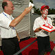 Birthday surprise for Tom Kristensen (left Head of Audi Sport Dr Wolfgang Ullrich)