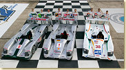 The three Audi teams at the Sebring 12 Hour race with their drivers Mika Salo, Jonny Kane, Perry McCarthy, Frank Biela, Marco Werner, Philipp Peter, JJ Lehto, Emanuele Pirro und Stefan Johansson (from left)