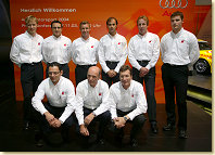 The Audi DTM team for 2004 (from left to right): Mattias Ekström, Christian Abt, Martin Tomczyk, Emanuele Pirro, Frank Biela, Martin Tomczyk (standing), Hans-Jürgen Abt, Head of Audi Sport Dr Wolfgang Ullrich, Ralf Jüttner (front) Essen