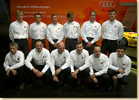 The Audi team for 2004 (from left to right): Mattias Ekström, Christian Abt, Martin Tomczyk, Emanuele Pirro, Frank Biela, Martin Tomczyk (standing), Rinaldo Capello, Hans-Jürgen Abt, Head of Audi Sport Dr Wolfgang Ullrich, Ralf Jüttner, Marco Werner, Pierre Kaffer (front) Essen