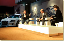 Tom Kristensen and Head of Audi Motorsport Dr Wolfgang Ullrich during the interview with Désiré Nosbusch